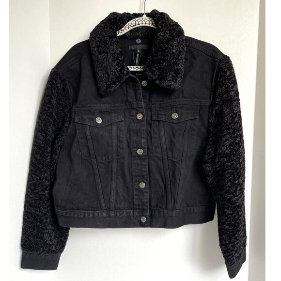 7 For All Mankind Denim Jacket Womens Black Crop Faux Shearling Fur Collar Arms - Picture 1 of 11